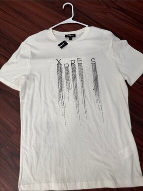 Express White Short Sleeve Tee with Vertical Black Graphic